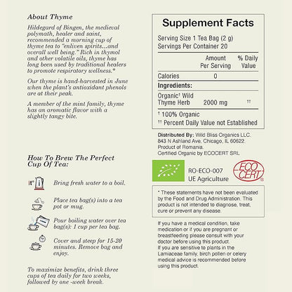 Wild Bliss Organic Wild Thyme Tea - Caffeine Free Respiratory Herbal Support - Pharmacopoeia Potency - 20 Plant Based Tea Bags