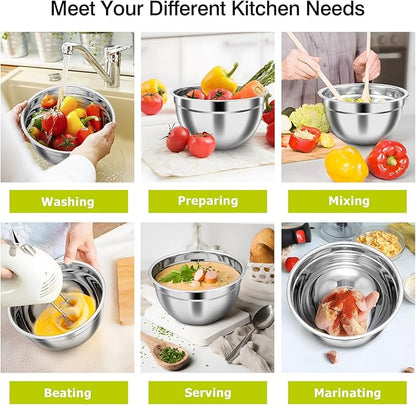 TeamFar Mixing Bowls, Stainless Steel Nesting Salad Bowls with Airtight Lids Set, For Serving/Mixing/Storing, Healthy & Long-lasting, Dishwasher Safe & Easy Clean, 4.6/3 / 1.5 QT, Colorful