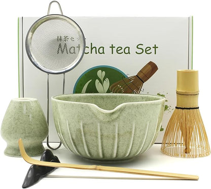 7 Pieces Matcha Whisk Set - Ceramic Matcha Kit with Bowl, Whisk, Holder, Bamboo Scoop, Rest, Sifter, and Tea Towel – Elegant Matcha Gift Set for Women