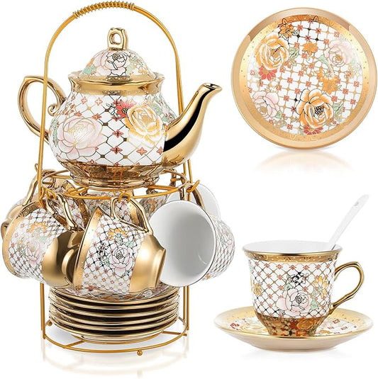 Zhehao 20 Pcs Porcelain Tea Set with Metal Holder and Spoon Adult Ceramic Tea Party Set European Flower Painting Teapot Cup Saucer Spoon Set for Women, Large Version(Delicate Style)