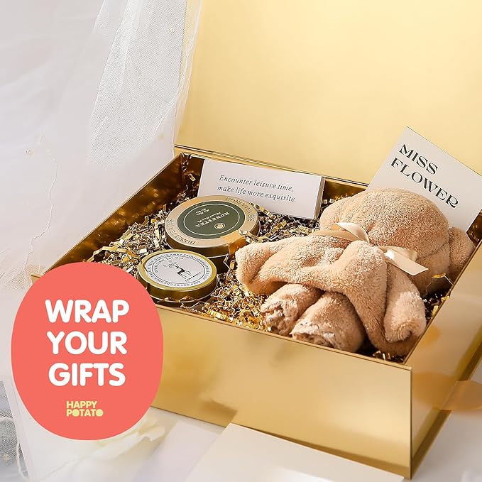 HAPPY POTATO 5 Large Gift Boxes with LIds and Ribbon 11.5x8.1x3.8 Inches, Bridesmaid Proposal Boxes, Gold Gift Boxes for Presents (Glossy Gold, Pack of 5)