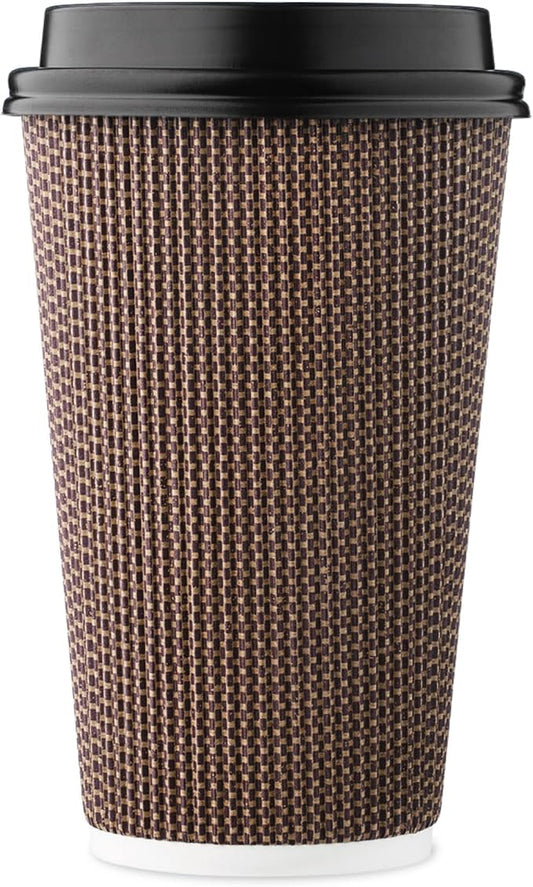 [85 SET]Harvest Pack 16 oz Coffee Cups, Disposable Insulated Ripple Coffee Cups, Double-Walled To go Cups with Lids, Brown Geometric, Drinking Paper Cups for Tea Hot Chocolate Drinks