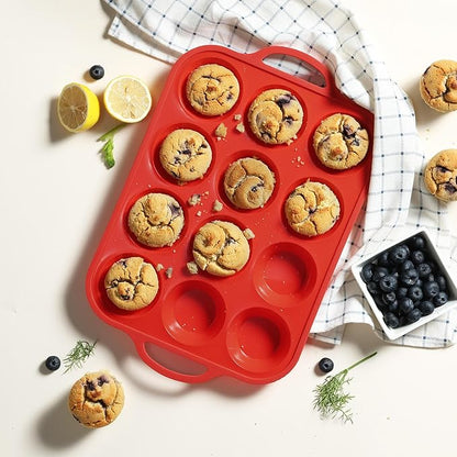 2 Packs 12 Cups Silicone Muffin Pan for Baking with Metal Reinforced Frame Regular Size Cupcake Pan Tray Egg Bites Silicone Cookie Molds Muffin Tin Tart Pans Sheet Set for Oven Dishwasher Safe