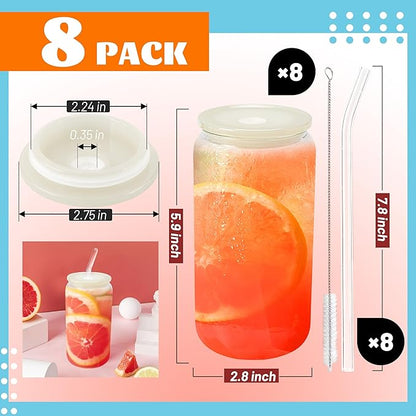 Joyclub 8pcs Glass Cups with Acrylic Lids and Straws 16 oz Can Shaped Glass Iced Coffee Cups with Lids and Straws, Cute Tumbler Cup Drinking Glasses for Smoothie Whiskey Boba Soda Tea Gift