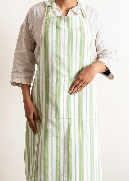 1 Oven Mitt, 1 PotHolder & 1 Kitchen Apron Set - Durable Heat Resistant Gloves - Thick Mittens for Kitchen - Suitable for Cooking, Baking, Grilling – Men & Women – Grass Green Stripes