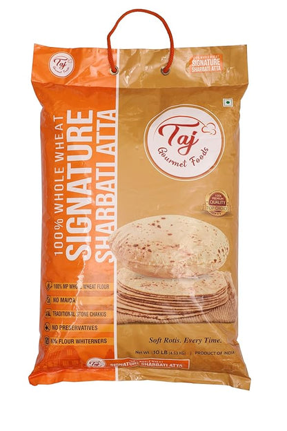 TAJ Signature Sharbati Atta, 10lbs, (Chakki Atta - Stone Ground) 100% Whole Wheat Flour, Chappati Flour