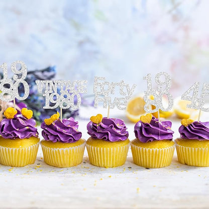 Gyufise 24Pcs 45th Birthday Cupcake Toppers Glitter Cheers to 45 Fabulous Forty Five Vintage 1980 Cupcake Picks 45th Birthday Wedding Anniversary Party Cake Decorations Supplies Silver