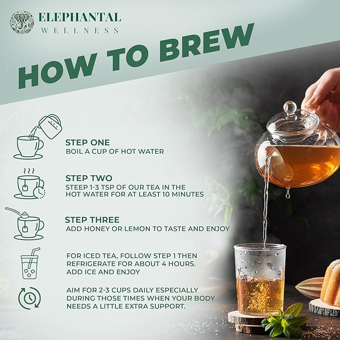 Elephantal Wellness Premium Brain Herbal Tea | Nootropic Focus & Mental Clarity Support with Ginkgo, Bacopa, Ashwagandha & Gotu Kola | Handmade, Caffeine-Free, Non-GMO Loose Leaf Blend, 4oz Loose Leaf, 40 Servings