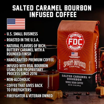 Fire Department Coffee - Salted Caramel Bourbon Coffee - Gives Back to Firefighters - Premium Bourbon Infused - Whole Bean Medium Roast - Non-Alcoholic - Roasted in the USA - Veteran Owned - 12 oz
