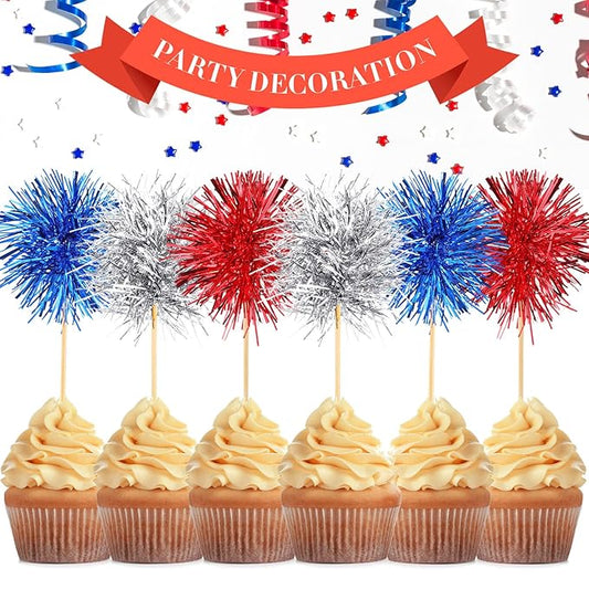 Chinco 100 Pcs Foil Firework Cupcake Toppers Sparkle Tinsel Cake Toppers Cake Decoration Cocktail Fruit Toothpick for Birthday Wedding Graduation Party(Silver, Red, Blue)