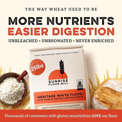 Sunrise Flour Mill Heritage Organic White Flour | USDA Organic All Purpose Flour Unbleached - Non-GMO, Kosher, Grown Without Glyphosate, High Protein for Baking, Unbromated White Wheat (400 Ounce (Pack of 1))