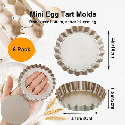 4 Inch Mini Quiche Pans Gold 6 Pack. Egg Tart Molds w/Removable Bottom, Non-Stick Coating, Rugged Carbon Steel for Small Tart Quiche Pie Making. Gift for Women Christmas Thanksgiving Festival