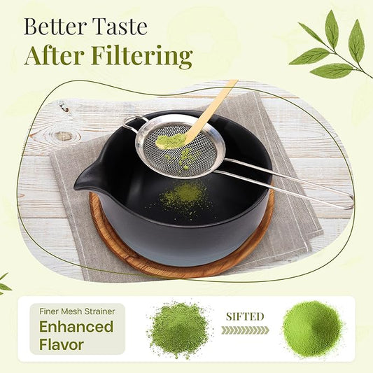 Matcha Whisk Set,includes Matcha Bowl,Matcha Whisk and Holder by Bamboo, Spout, Matcha Sifter Strainer Spoon Scoop Chasen Holder Towel- Perfect Japanese Matcha Set(8 Pcs White)