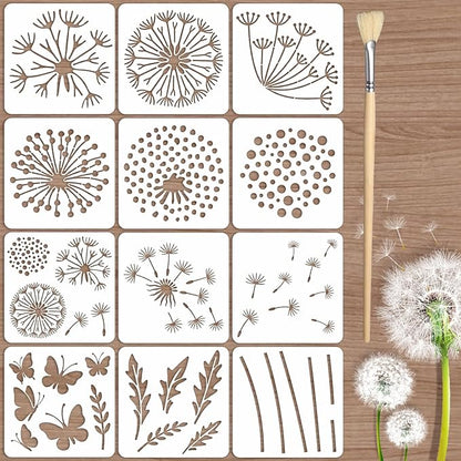 12PCS Large Flower Stencils for Painting 12 x 12 Inch Dandelion Stencil with Brushes Dandelion Floral Stencils for Wood Fence Butterfly Paint Template for Walls Garden Fence Furniture