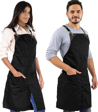 Under NY Sky Cross-Back Deep Black Apron - Durable Twill with Leather Reinforcement and Split-Leg - Adjustable for Men and Women - Pro Chef, Tattoo, Baker, Barista, Bartender, Stylist, Server Aprons