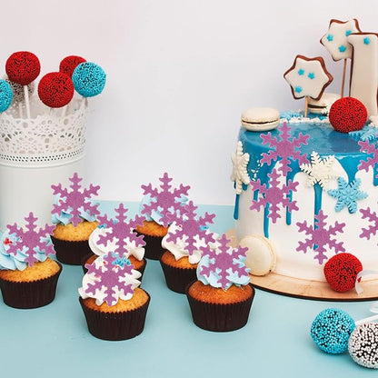 Gyufise 50Pcs Purple Edible Cupcake Toppers Snowflakes Cake Toppers Snowflakes Cake Decoration Winter Frozen Birthday Party Supplies