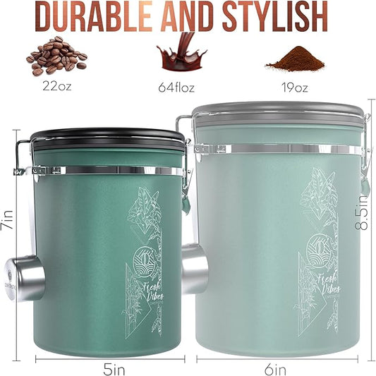 38oz / 22oz Coffee Canister – Airtight Stainless Steel Storage Container with Date Tracker & Scoop, Sealed Jar for Grounds, Beans, Tea, Flour, Cereal, and Sugar (Green Vibes, 22OZ)
