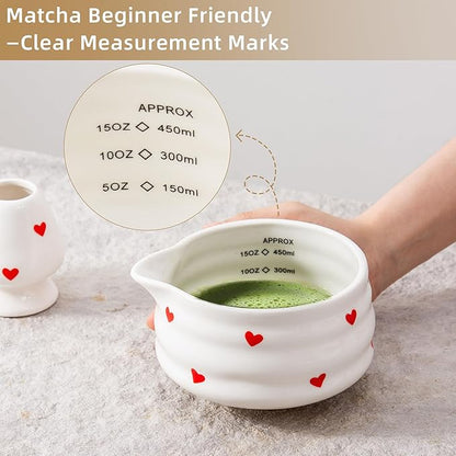 5pcs Premium Matcha Set,Ceramic Bowl with Spout and Bamboo Whisk set, Ceremonical Matcha Kit for breakfast/latte,Tea Starter Making Kit,Unique Matcha Gift set (love)