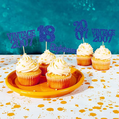 Gyufise 24Pcs 18th Birthday Cupcake Toppers Glitter Eighteen Vintage 2007 Adultish 18 Cupcake Picks Birthday Cake Decorations for Happy 18th Birthday Anniversary Party Supplies Deep Blue