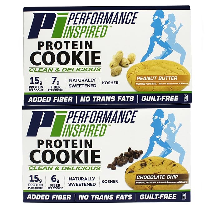 Performance Inspired Nutrition Mixed Protein Cookie Box – 12 Pack – 6 Chocolate Chip & 6 Peanut Butter – 14-15G Protein, 6-7G Fiber – All-Natural, No Sugar Alcohols