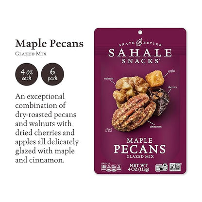 Sahale Snacks Maple Pecans Glazed Mix, 4 oz Pouches (6 Packs) Dry-Roasted, Deluxe Mixed Nuts with Cherries, Apples, Maple, and Cinnamon - Non-GMO, Kosher, and Certified Gluten-Free Snacks