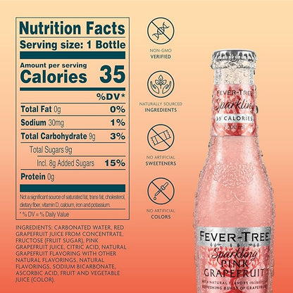 Fever Tree Sparkling Pink Grapefruit - Premium Mixer - Refreshing Beverage for Cocktails & Mocktails. Naturally Sourced Ingredients, No Artificial Sweeteners or Colors - 200 ML Bottles - Pack of 24