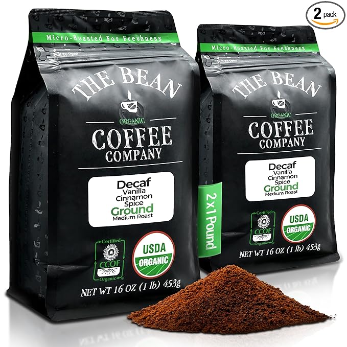 The Bean Organic Coffee Company Water Processed DECAF Vanilla Cinnamon Spice, Medium Roast, Ground Coffee, 16-Ounce Bags (Pack of 2), Café Molido Tostado Orgánico descafeinado