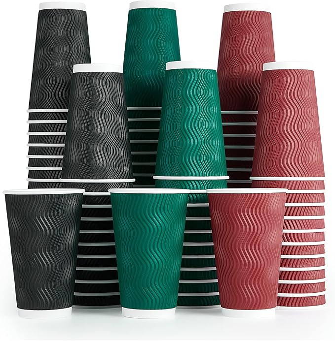 MUCHII 16 oz Paper Coffee Cups, 90 Count Multicolor Disposable Insulated Ripple Paper Cups for Hot Chocolate and Tea