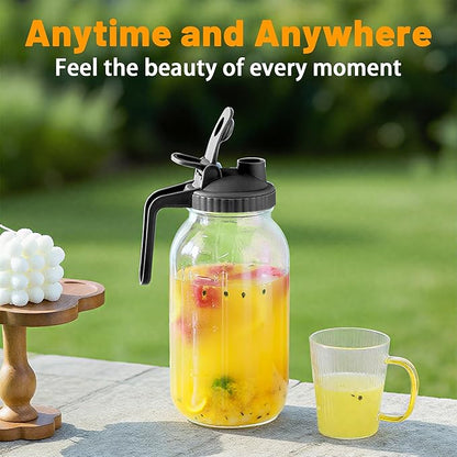 64oz Glass Pitcher with Lid-2 Quart, Heavy Duty Glass Mason Jar Pitcher 2 Packs, Leak-Proof Wide Mouth Jar with Pouring Airtight Lid, Ideal Container for Water, Juice, Milk and Drinks Storage