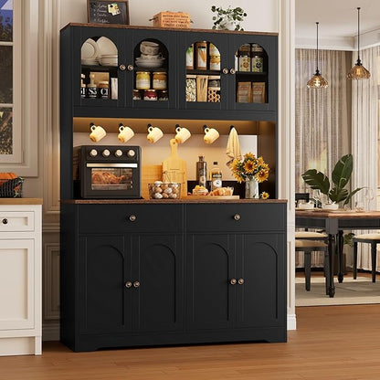 HIFIT 71" LED Kitchen Pantry Cabinet with Power Outlet, Large Kitchen Hutch Storage Cabinet with Arched Door & Shelves & 2 Drawers, Tall Farmhouse Coffee Bar w/Hutch for Home Dining Living Room, Black