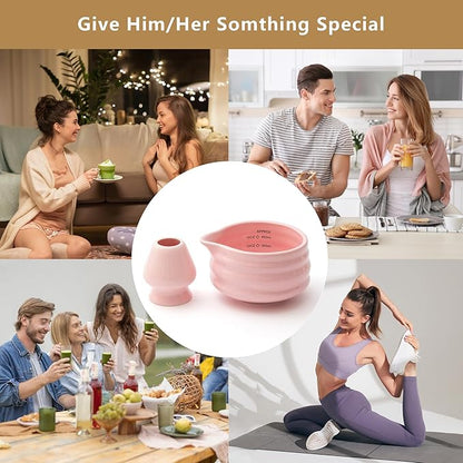 2pcs Matcha Bowl with Whisk Holder, Ceramic Pink Matcha Bowl with Spout, 16.5OZ Porcelain Bowl with Measurement Marks, Tea Mixing Bowl with Whisk Stand, Gfit for mom/daughter/girls (pink)