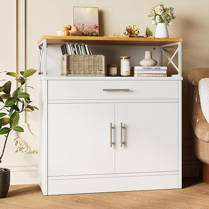 Vongrasig Sideboard Buffet Cabinet with Storage, 32” Modern Kitchen Storage Cabinet with Open Storage, Adjustable Shelf, Wood Farmhouse Coffee Bar Buffet Table for Kitchen, Dining Room, White