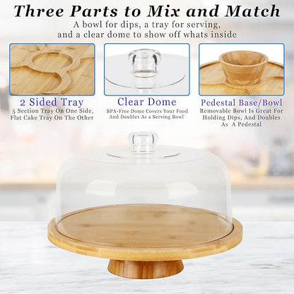 6 in 1 Large Bamboo Wood Cake Stand with Lid - Multiuse Wooden Cake Stand with Dome Acrylic Cake Cover/Cake Dome - Cake Holder With Lid - Acrylic Cake Stand Dome & Bamboo Base Punch Bowl - Cake Stands