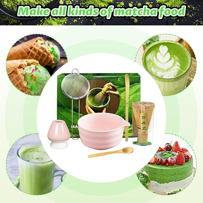Matcha Set, 6 Pcs Matcha Whisk Set with 20 oz Bowl, Bamboo Whisk for Matcha Tea, Matcha Bowl, Ceramic Matcha whisk Holder, Stainless Sifter and Scoop - Gift for matcha kit Lovers（Pink）