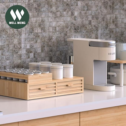 Bamboo K-Cup Pods Holder Organizer - 60 Pod Capacity with 2 Sliding Drawers & 2 Coffee Pod Holder Inserts, Elegant Tea Bag Storage Box for Home, Office & Kitchen Countertop (39.4"x8.2"x8.2")