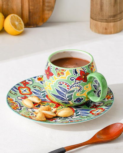 HENXFEN LEAD Boho Coffee Mugs 20 Ounce - Porcelain Cups for Latte, Tea, Cappuccino, Cocoa, Soup, Dishwasher, Microwave Safe, Christmas Gift Set of 6 - Bohemian Style