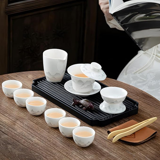ICHAG Chinese Tea Set, Gongfu Tea Sets for Adults, China Gaiwan Teaset, 14-Piece Yangzhi Jade (茶具) Porcelain Set with Suspended Gaiwan & Tea Pet, Portable Travel Teaset for Home, Outdoor, Office Gifts