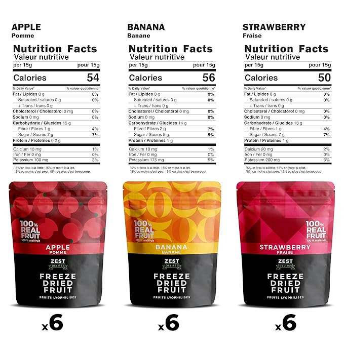 Zest Delites Freeze Dried Fruit Bulk Pack (9.54 Oz), Freeze Dried Strawberries, Bananas, Apple Chips, Healthy Dehydrated Fruit Crisps Variety Pack, No Sugar Added, No Additives, 0.53 Oz x 18 Packs
