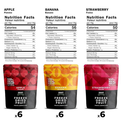 Zest Delites Freeze Dried Fruit Bulk Pack (9.54 Oz), Freeze Dried Strawberries, Bananas, Apple Chips, Healthy Dehydrated Fruit Crisps Variety Pack, No Sugar Added, No Additives, 0.53 Oz x 18 Packs