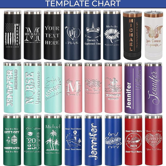 Personalized Skinny Tall Tumbler 20oz by iProductsUS - Personalized Laser Engraved Stainless Steel Skinny Tumbler Custom Name and Vacation Mug, Spill Proof Lid, and Straw, 25 Designs (Black)