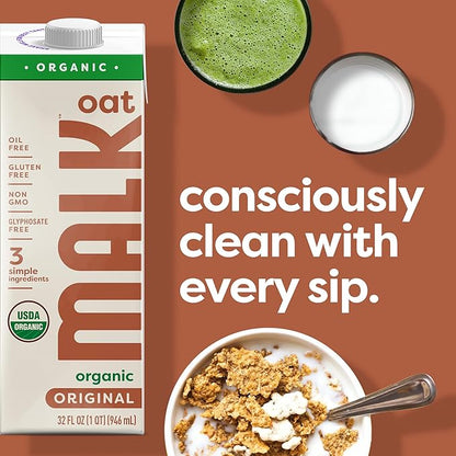 MALK Oat Milk (32oz, Pack of 6) Original Shelf Stable Organic Oat Milk, Non GMO, Dairy Free, Vegan, Plant Based, No Gums or Fillers - Barista Malk Oatmilk for Smoothies, Cereal, Creamy Lattes, Coffee