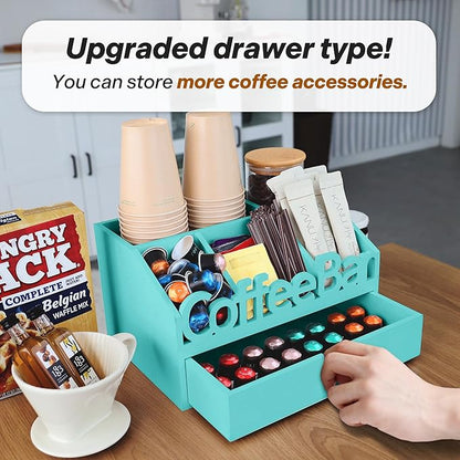 Coffee Bar Organizer for Countertop – Wooden Coffee Station with Black Drawer, Tea and K Cup Storage Rack, Coffee Pod Holder for Home and Office Counter Organization (Drawer - Turquoise)