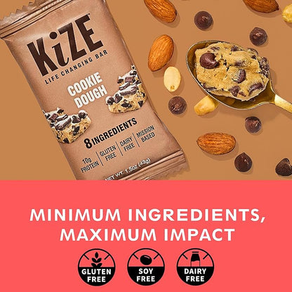 KiZE Energy Bars - Cookie Dough - Gluten Free, Dairy Free, Non-GMO, and High Protein Meal Replacement Energy Bars, Clean and Simple Food Ingredients - 10g High Protein Snacks, (10 Count)