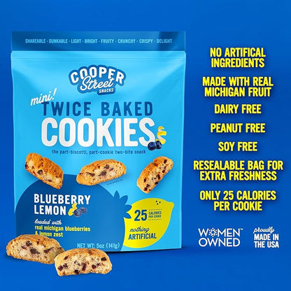 Cooper Street Twice Baked Lemon Blueberry Biscotti Cookies - Light, Crispy Mini Biscotti Cookies Ideal with Coffee - Traditional Low Calorie Italian Snacks - Kosher, Dairy, Peanut & Soy Free (6 Pack)