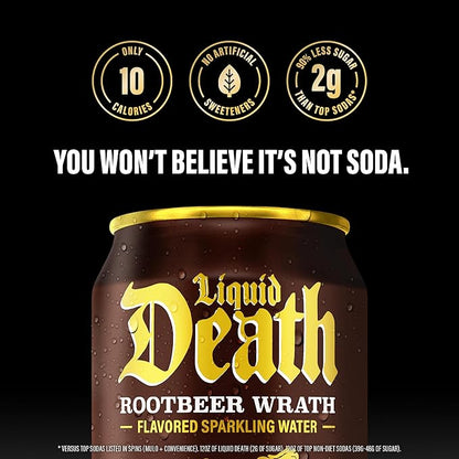 Liquid Death, Rootbeer Wrath, Soda-Flavored Sparkling Water, 12-Pack (12oz Cans), Low Sugar, Huge Flavor & No Artificial Sweeteners