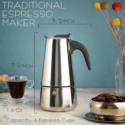 Mixpresso 6 Cup Greca Stovetop Espresso Pot 300ml/10oz, Moka Pot with Coffee Percolator Design, Stainless Steel Stove Top Coffee Maker for Camping or Home Use,Italian Stovetop Espresso Maker