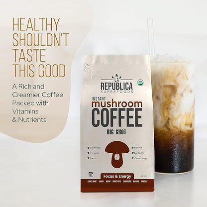 La Republica Big Shot Decaf Instant Mushroom Coffee Organic (120 Servings) with Lion's Mane, Reishi, Chaga, Cordyceps, Maitake, Turkey Tail