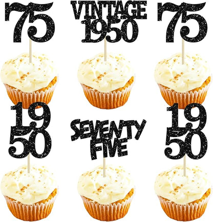 Gyufise 24Pcs Vintage 1950 Cupcake Toppers Glitter Cheers to 75 Fabulous Seventy Five Cupcake Picks 75th Birthday Wedding Anniversary Party Cake Decorations Supplies Black