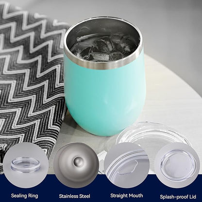 DOMICARE Stainless Steel Wine Tumbler Bulk with Lid, Personalized Insulated Tumblers Set, 12oz Travel Coffee Cups Pack of 4, Light Blue