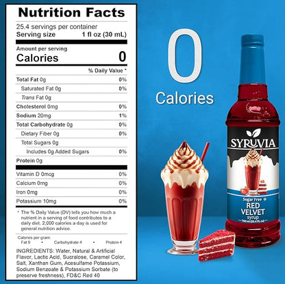Syruvia Sugar Free Coffee Syrup, Red Velvet Flavored Syrup for Drinks, Lattes, and Desserts – 25.4 fl oz, With Pump